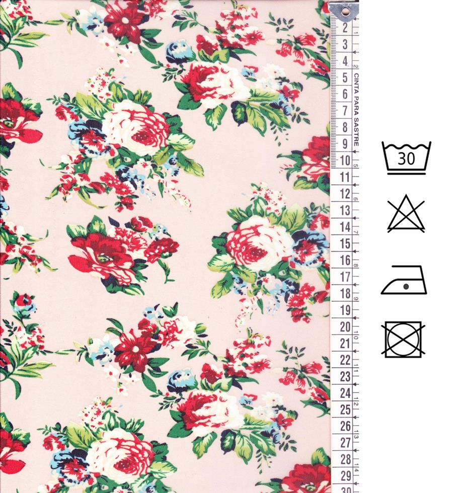 Gasa nude estampada con flores rojo carmesí y hojas verdes