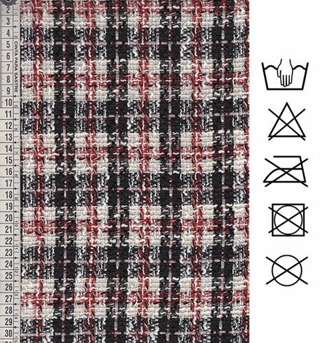  Tejido Chanel de cuadros crudo, negro y rojo con detalles plata