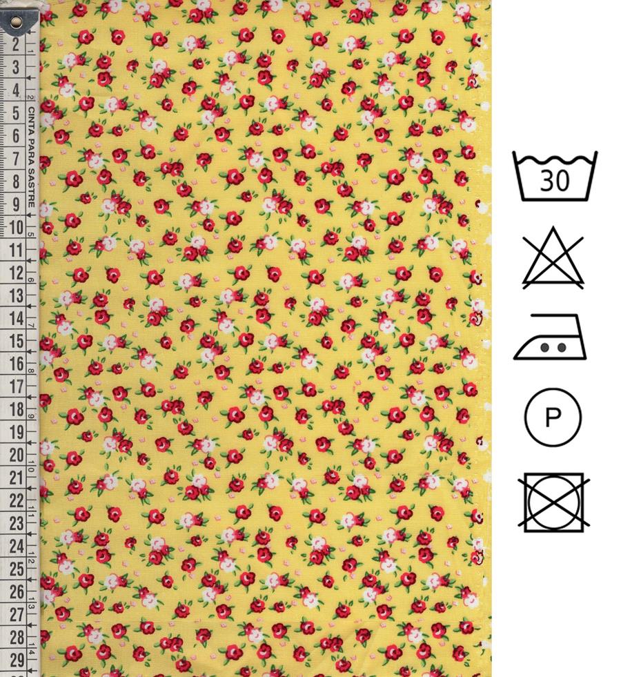 Popelín amarillo con flores rojas, blancas, rosas y verde