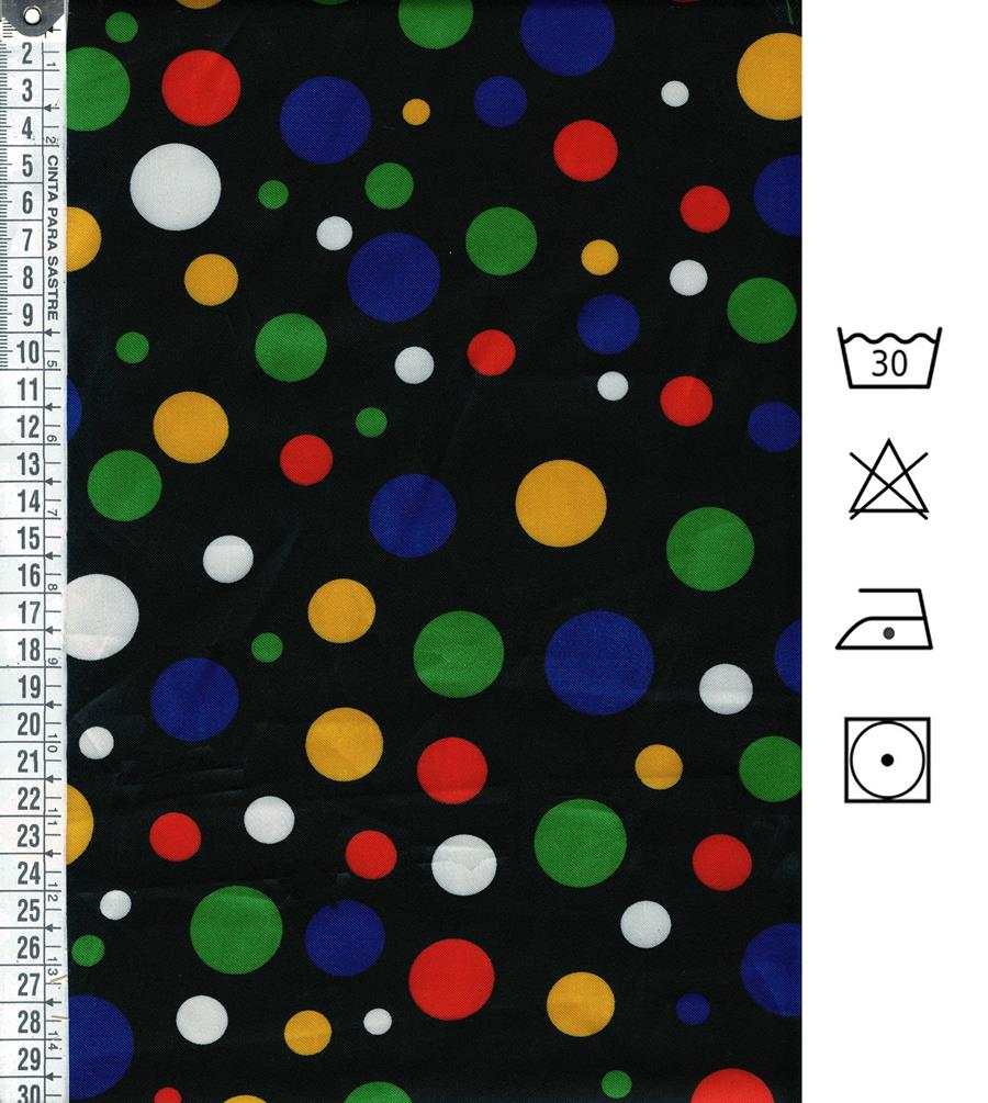 Raso negro  con lunares  blanco, azul, rojo, verde y amarillo 