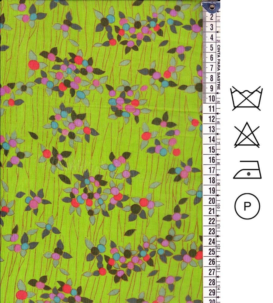 Chiffón de seda verde lima  estampado con flores multicolor 