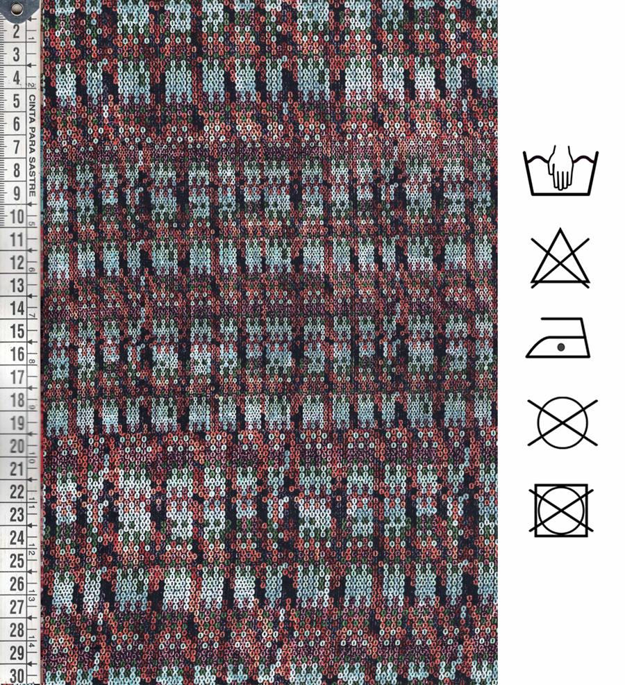 Tejido de crepé estampado imitando pequeñas lentejuelas