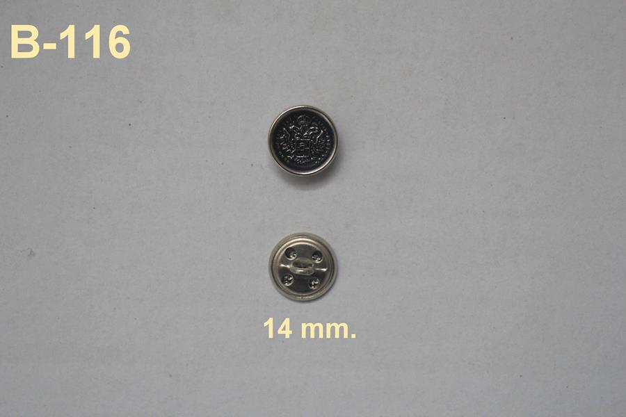 Botón metálico plata con escudo sobre fondo negro 