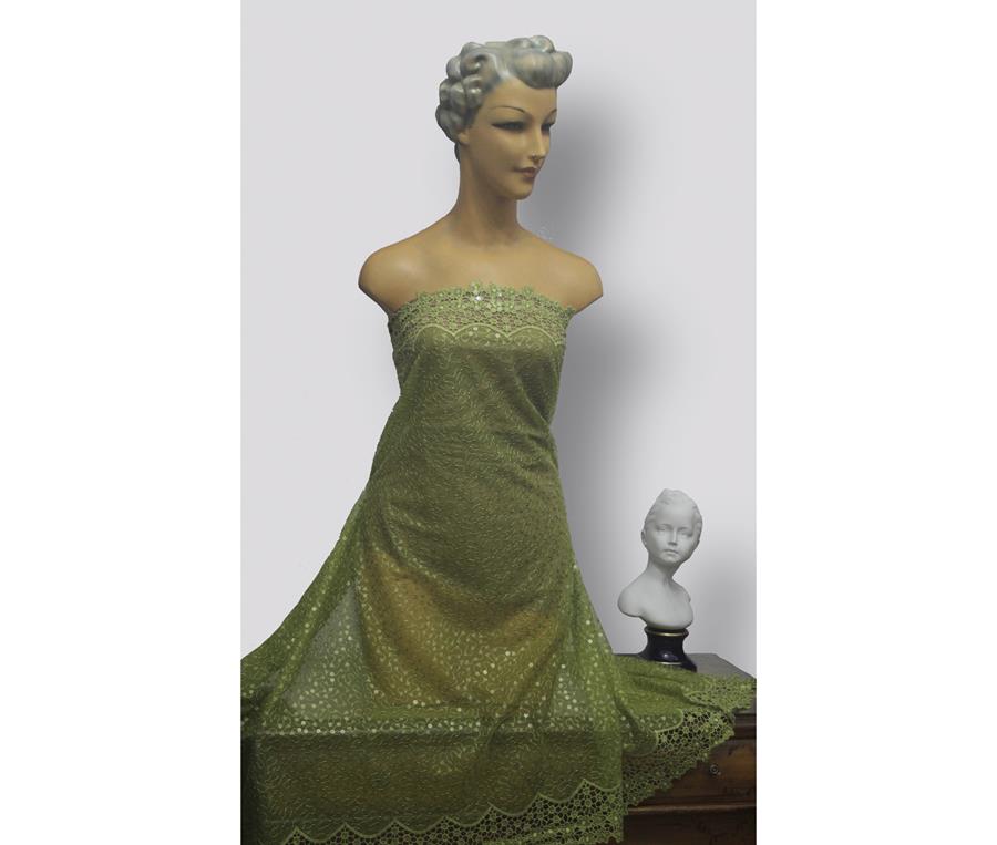 Tul verde pistacho bordado, con lentejuelas y blondas de guipur 
