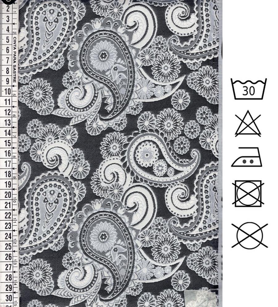 Jacquard brocado gris con motivos de Cachemira y Paisley 