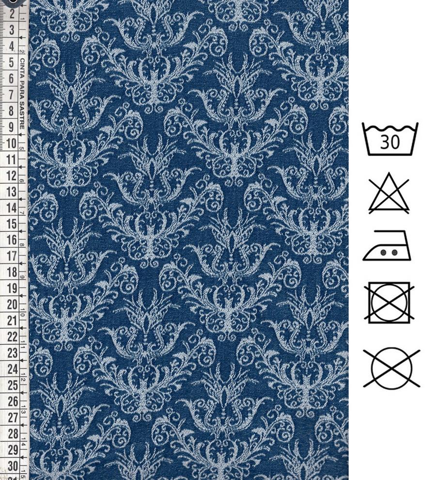 Jacquard con fondo azul  índigo y motivos ornamentales 