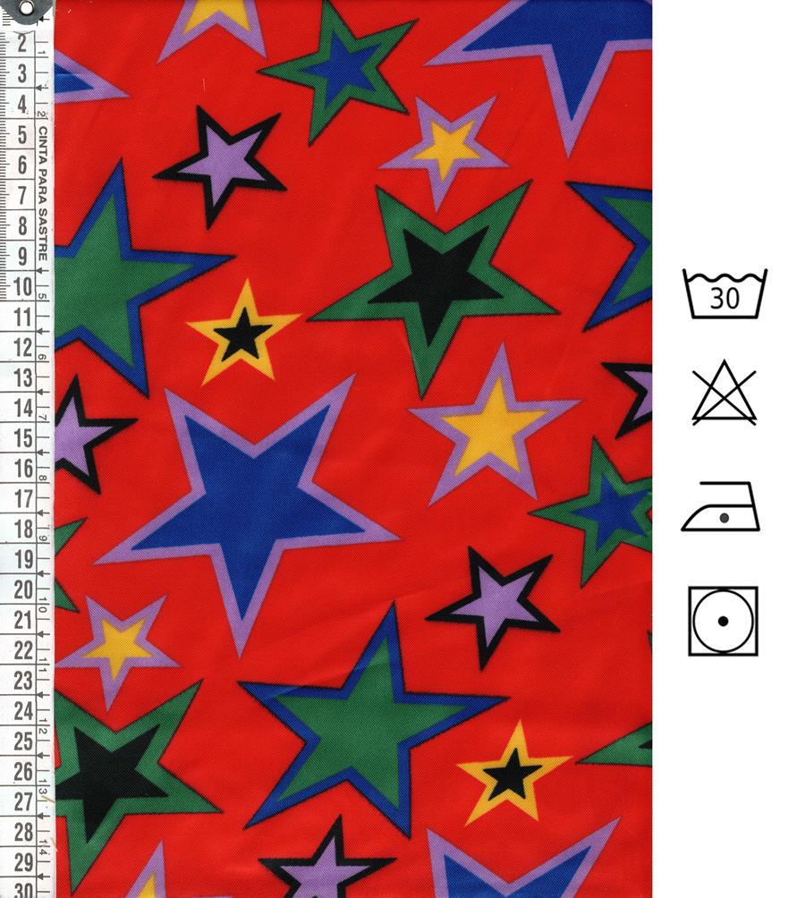 Tejido de raso rojo con estrellas multicolor