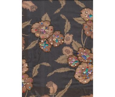 Pieza de georgette negro con flores estampadas y bordadas marrón y camel | GP-487-1 | Tejidos, telas, complementos, tocados,sombrerería, plumas, tiras, encajes, bordados, botones, moda.