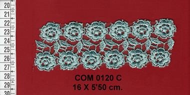 Aplicación de guipur verde con 12 flores | COM-0120C | Tejidos, telas, complementos, tocados,sombrerería, plumas, tiras, encajes, bordados, botones, moda.