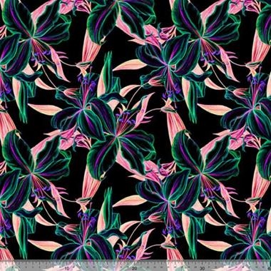 Techno-peach negro  bielástico  suave con flores rosa, fucsia, morado y verde esmeralda | E0108 | Tejidos, telas, complementos, tocados,sombrerería, plumas, tiras, encajes, bordados, botones, moda.