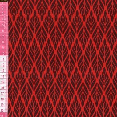 Paño elástico rojo estampado  con motivo geométrico de hojas romboidales en color negro | E0116 | Tejidos, telas, complementos, tocados,sombrerería, plumas, tiras, encajes, bordados, botones, moda.