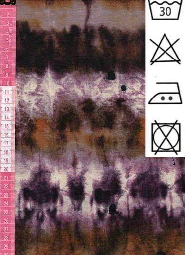 Punto elástico estampado en marrón, blanco, berenjena, naranja y motas negras. | E0119 | Tejidos, telas, complementos, tocados,sombrerería, plumas, tiras, encajes, bordados, botones, moda.