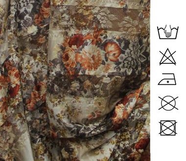 Tejido de satén y encaje con estampado floral en tonos tierra, ocre y anaranjado con lentejuelas transparentes.  | ENC-001 | Tejidos, telas, complementos, tocados,sombrerería, plumas, tiras, encajes, bordados, botones, moda.