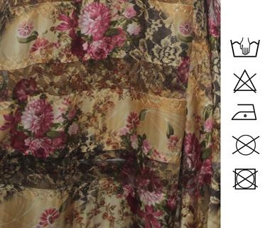 Encaje  y satén con estampado floral en tonos ocre, fucsia, buganvilla y verde con filos de lentejuelas transparentes | ENC-002 | Tejidos, telas, complementos, tocados,sombrerería, plumas, tiras, encajes, bordados, botones, moda.