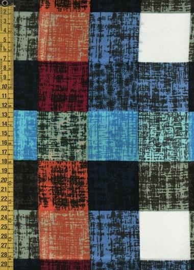 Viscosa estampada con cuadros en tonos naranja, turquesa, azul marino, celeste, granate, jade, blanco y verde con trazos negros | E0121 | Tejidos, telas, complementos, tocados,sombrerería, plumas, tiras, encajes, bordados, botones, moda.