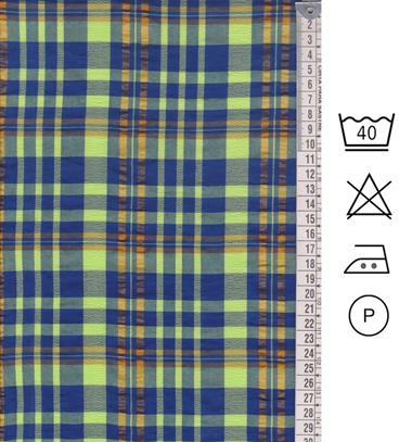 Madrás escocés fondo verde lima con  líneas azules y ocres formando cuadros. | E0015 | Tejidos, telas, complementos, tocados,sombrerería, plumas, tiras, encajes, bordados, botones, moda.