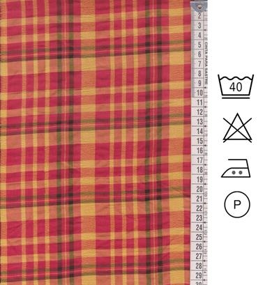 Madrás escocés fondo ocre  con  líneas rojas y marrones formando cuadros. | E0016 | Tejidos, telas, complementos, tocados,sombrerería, plumas, tiras, encajes, bordados, botones, moda.