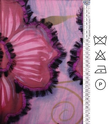 Georgette de seda pintado y bordado a mano con grandes flores, rosa, buganvilla, gris y negro. | E0043 | Tejidos, telas, complementos, tocados,sombrerería, plumas, tiras, encajes, bordados, botones, moda.