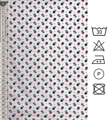 Popelín blanco estampado con florecillas y lunares pequeños | E0048 | Tejidos, telas, complementos, tocados,sombrerería, plumas, tiras, encajes, bordados, botones, moda.