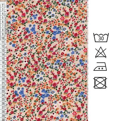 Viscosa salmón con estampado floral multicolor:  rojo, fucsia, celeste, verde, curry... | E0072 | Tejidos, telas, complementos, tocados,sombrerería, plumas, tiras, encajes, bordados, botones, moda.