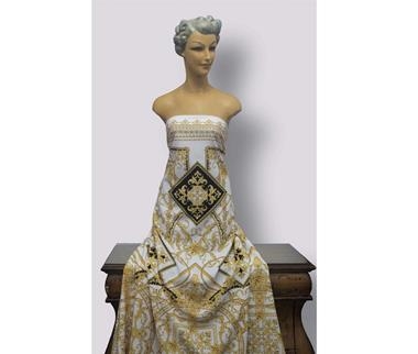 Neopreno blanco de verano estampado en ocre, amarillo y negro | E0074 | Tejidos, telas, complementos, tocados,sombrerería, plumas, tiras, encajes, bordados, botones, moda.