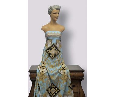 Neopreno celeste de verano estampado en ocre, amarillo, blanco y  negro | E0075 | Tejidos, telas, complementos, tocados,sombrerería, plumas, tiras, encajes, bordados, botones, moda.