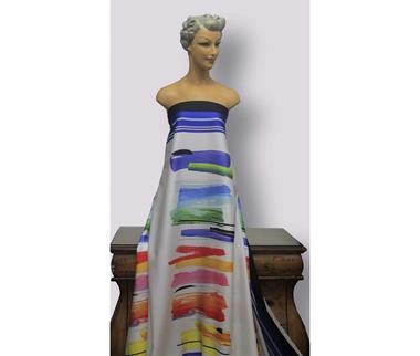 Piel de ángel blanca estampada en negro, azul, celeste, rojo, rosa, naranja, verde y amarillo. | E0076 | Tejidos, telas, complementos, tocados,sombrerería, plumas, tiras, encajes, bordados, botones, moda.