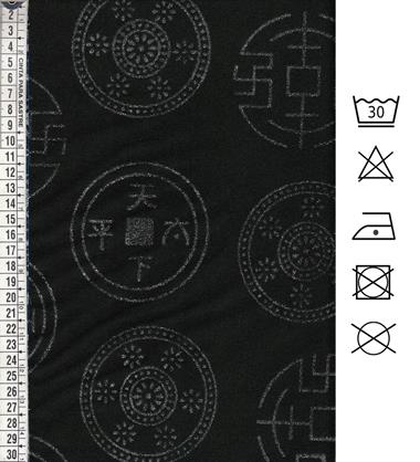 Satén de punto negro flocado en plata con motivo oriental | E0079 | Tejidos, telas, complementos, tocados,sombrerería, plumas, tiras, encajes, bordados, botones, moda.