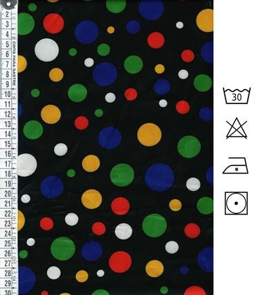 Raso negro estampado con lunares de varios tamaños  de color blanco, azul, rojo, verde y amarillo  | E0081 | Tejidos, telas, complementos, tocados,sombrerería, plumas, tiras, encajes, bordados, botones, moda.