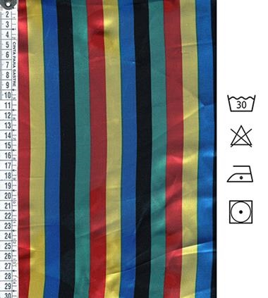 Raso con estampación de rayas en color amarillo, azul, rojo, verde y negro | E0082 | Tejidos, telas, complementos, tocados,sombrerería, plumas, tiras, encajes, bordados, botones, moda.
