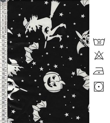 Raso negro con notivos de Halloween | E0083 | Tejidos, telas, complementos, tocados,sombrerería, plumas, tiras, encajes, bordados, botones, moda.