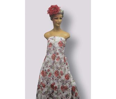 Encaje Chantilly blanco estampado con flores color  rojo, malva y amarillo con hojas color verde. | ENC-028 | Tejidos, telas, complementos, tocados,sombrerería, plumas, tiras, encajes, bordados, botones, moda.