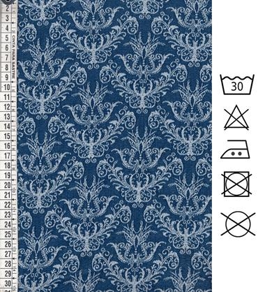 Jacquard denim azul índigo  con motivos ornamentales | J004 | Tejidos, telas, complementos, tocados,sombrerería, plumas, tiras, encajes, bordados, botones, moda.