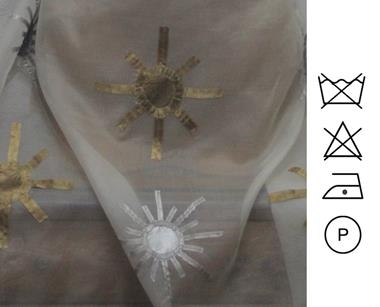 Organza de seda natural color crudo bordado a mano con aplicaciones de soles oro y plata en raso. (Tejido exclusivo) | EXC-006 | Tejidos, telas, complementos, tocados,sombrerería, plumas, tiras, encajes, bordados, botones, moda.