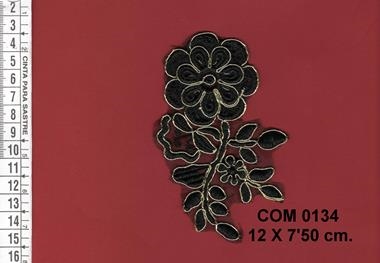Aplicación de flor negro y oro | COM-0134 | Tejidos, telas, complementos, tocados,sombrerería, plumas, tiras, encajes, bordados, botones, moda.