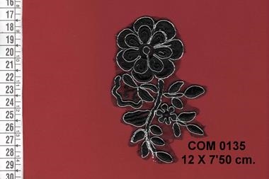 Aplicación de flor negro y plata | COM-0135 | Tejidos, telas, complementos, tocados,sombrerería, plumas, tiras, encajes, bordados, botones, moda.