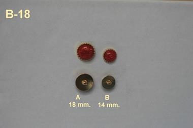 Botón semiesférico translúcido de color rojo moteado con filo dorado | B18 | Tejidos, telas, complementos, tocados,sombrerería, plumas, tiras, encajes, bordados, botones, moda.