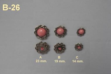 Botón semiesférico color rosa maquillaje con filigrana plateada | B26 | Tejidos, telas, complementos, tocados,sombrerería, plumas, tiras, encajes, bordados, botones, moda.