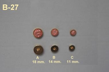 Botón semiesférico translúcido de color rosa asalmonado moteado con filo dorado | B27 | Tejidos, telas, complementos, tocados,sombrerería, plumas, tiras, encajes, bordados, botones, moda.