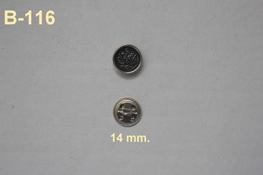 Botón  metálico  plateado con escudo sobre fondo negro (14 mm) | B116 | Tejidos, telas, complementos, tocados,sombrerería, plumas, tiras, encajes, bordados, botones, moda.