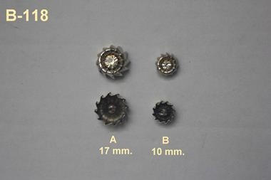 Botón metálico plateado  con forma de sol y cristal amarillento en el centro  | B118 | Tejidos, telas, complementos, tocados,sombrerería, plumas, tiras, encajes, bordados, botones, moda.