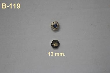 Botón  dorado  con forma de lazo y cristal color azul zafiro en el centro (13 mm) | B119 | Tejidos, telas, complementos, tocados,sombrerería, plumas, tiras, encajes, bordados, botones, moda.